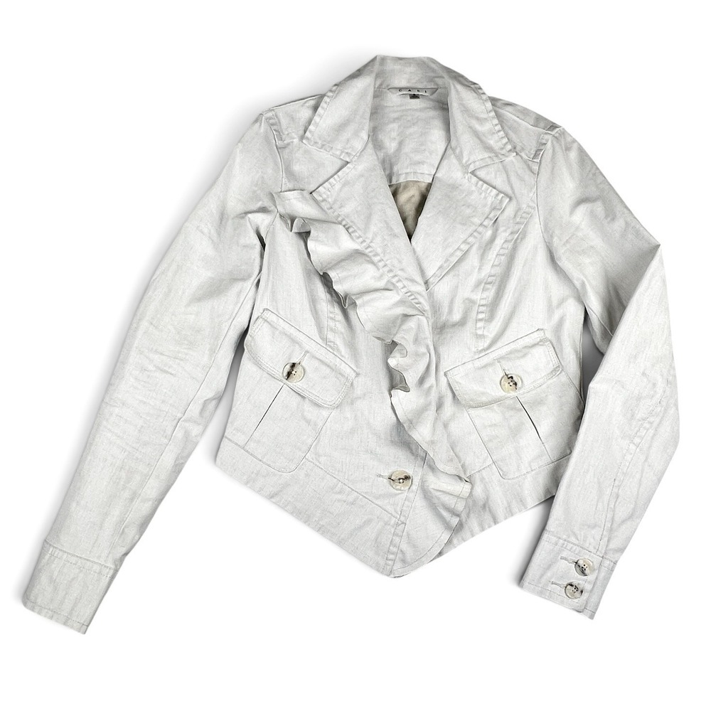 CAbi 325 Women's Small Waxed Linen Ruffle Blazer Asymmetrical Jacket White Ivory